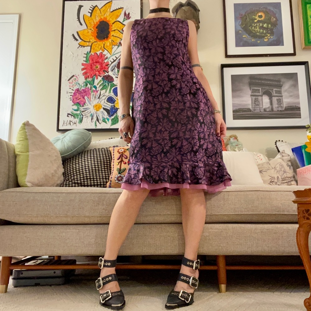 nipon boutique black & purple brocade midi dress / sz small